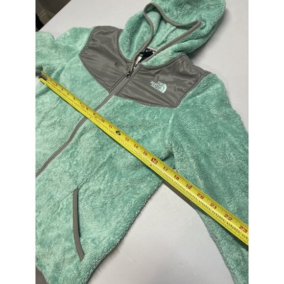 North Face Jacket Girls Large (14/16)  Light Green Gray Hooded Zip Fuzzy Fleece - Picture 7 of 13